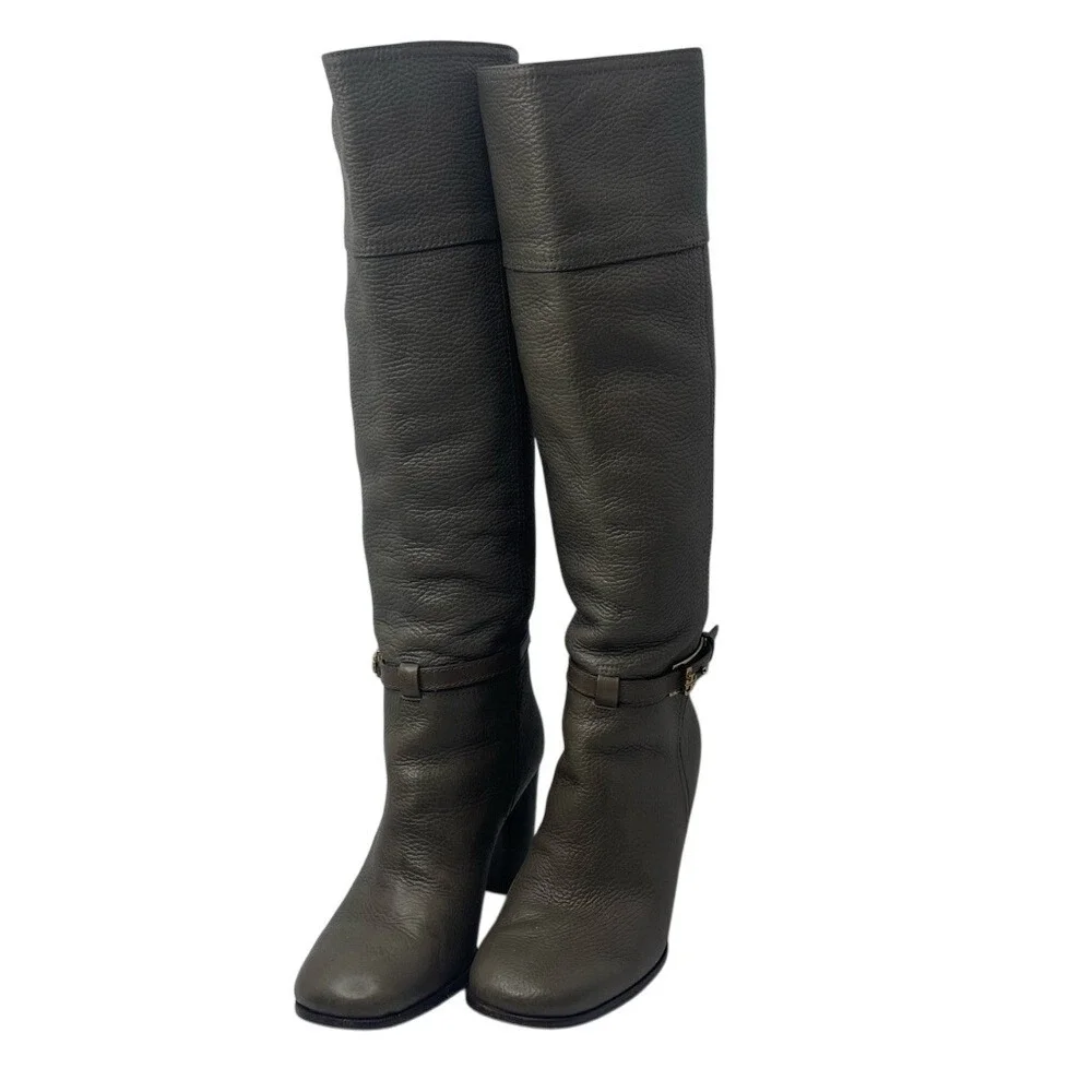 Pre-Loved Taupe Leather Riding Boots Block Heel Back Zip Tall Heritage Style 8.5